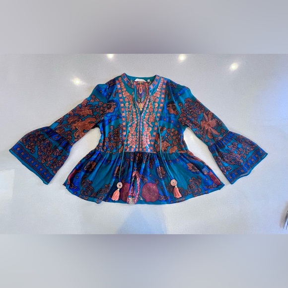 Soft Surroundings Sheer Blouse Embroidery Tassels Bell Sleeve Sz Small - Picture 5 of 12
